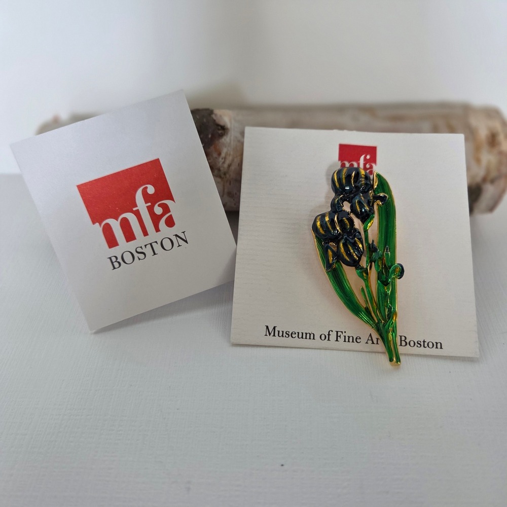 MFA Boston Iris Pin Gold Enamel Floral Museum Brooch Purple Signed